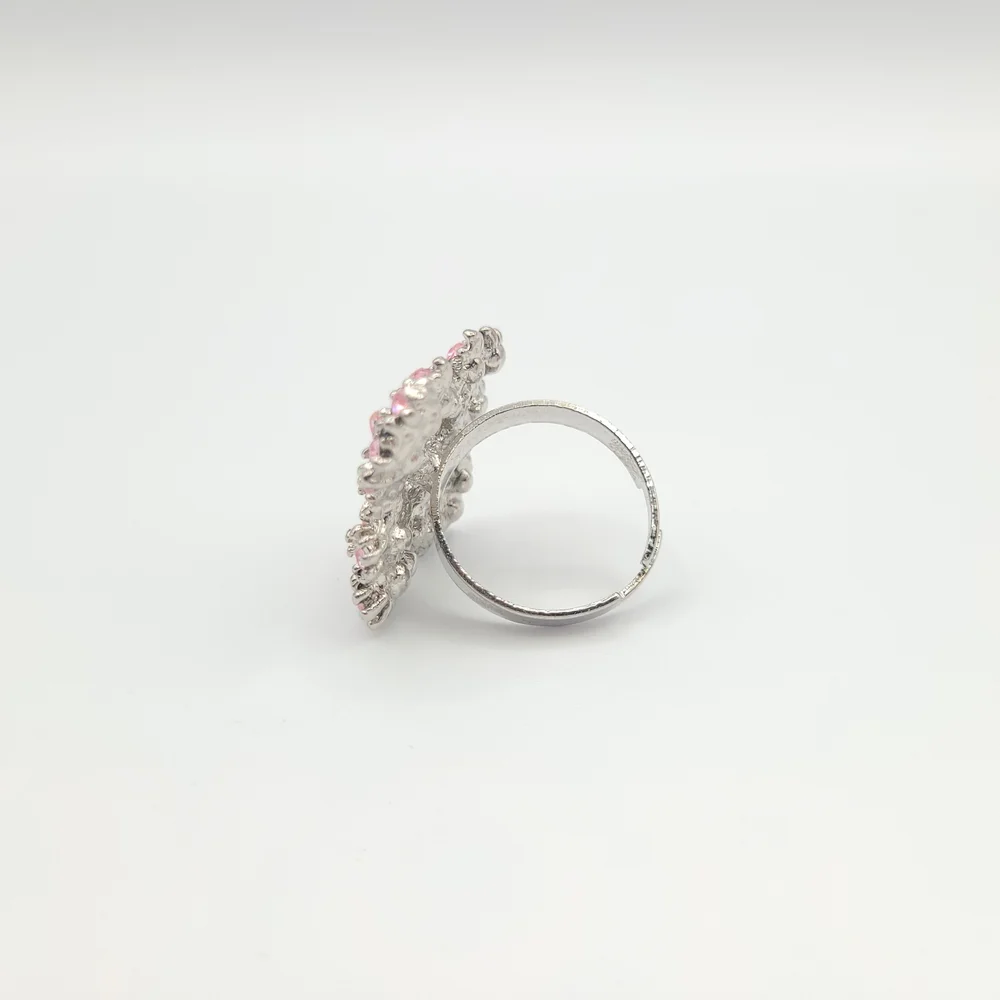 Pink Rhinestone Floral Cluster Ring Silver Tone Adjustable Statement - Picture 5 of 8
